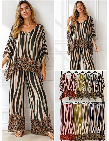 Conjunto talla grande blusa lycra estampado cebra y pantalón