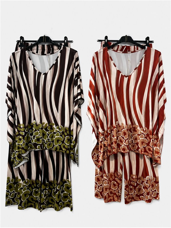Conjunto talla grande blusa lycra estampado cebra y pantalón
