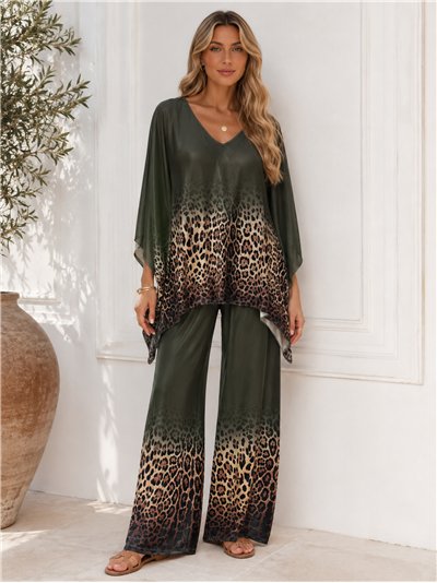 Conjunto talla grande blusa lycra degradado leopardo y pantalón