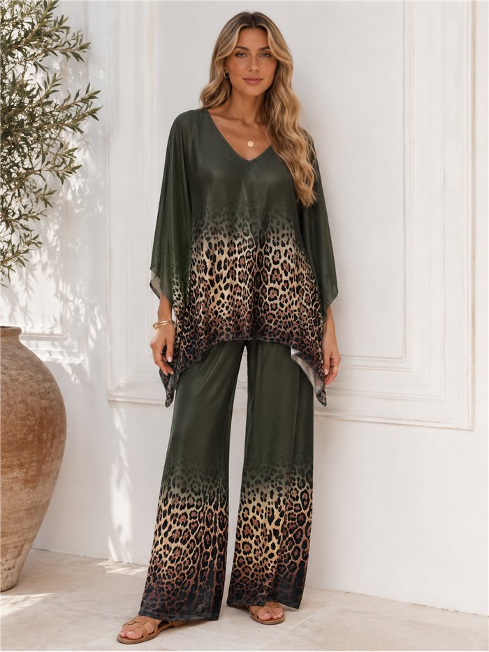 Conjunto talla grande blusa lycra degradado leopardo y pantalón