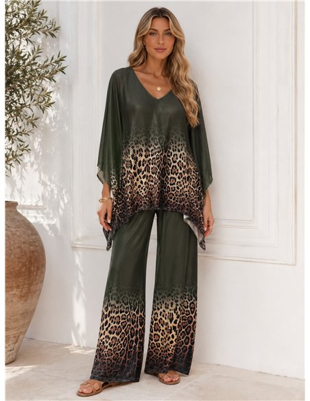 Conjunto talla grande blusa lycra degradado leopardo y pantalón