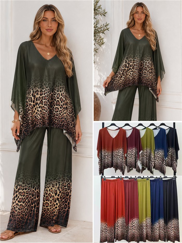 Conjunto talla grande blusa lycra degradado leopardo y pantalón