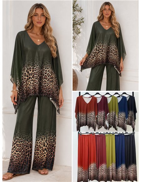 Conjunto talla grande blusa lycra degradado leopardo y pantalón