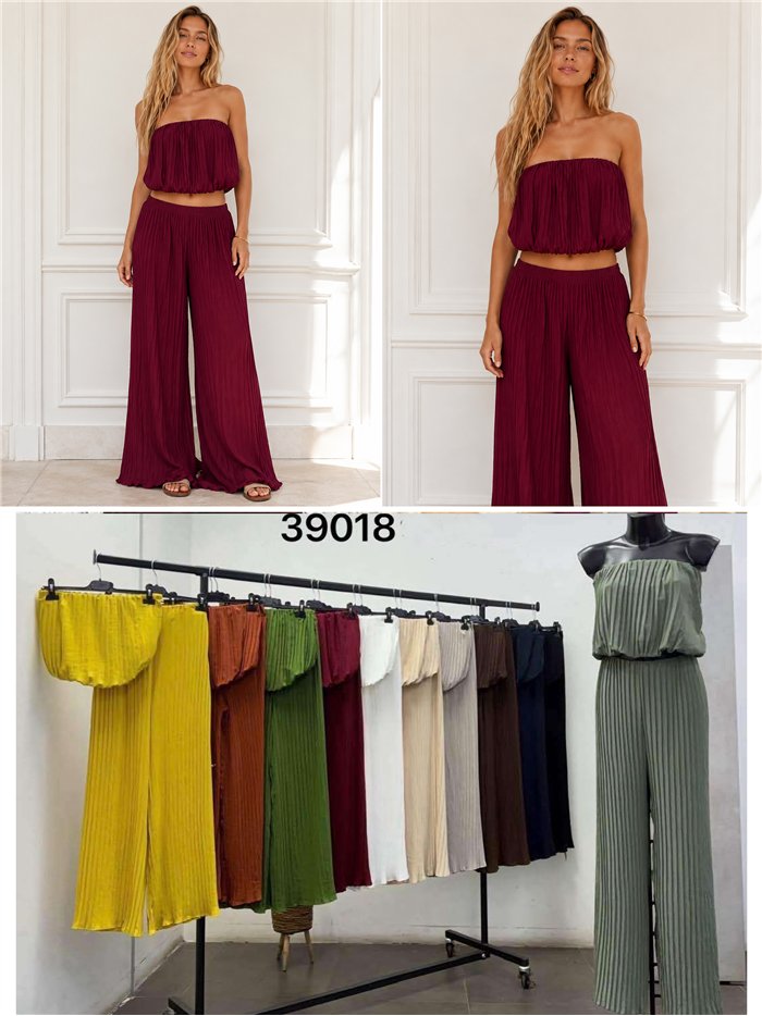 Conjunto top plisado palabra de honor y pantalón