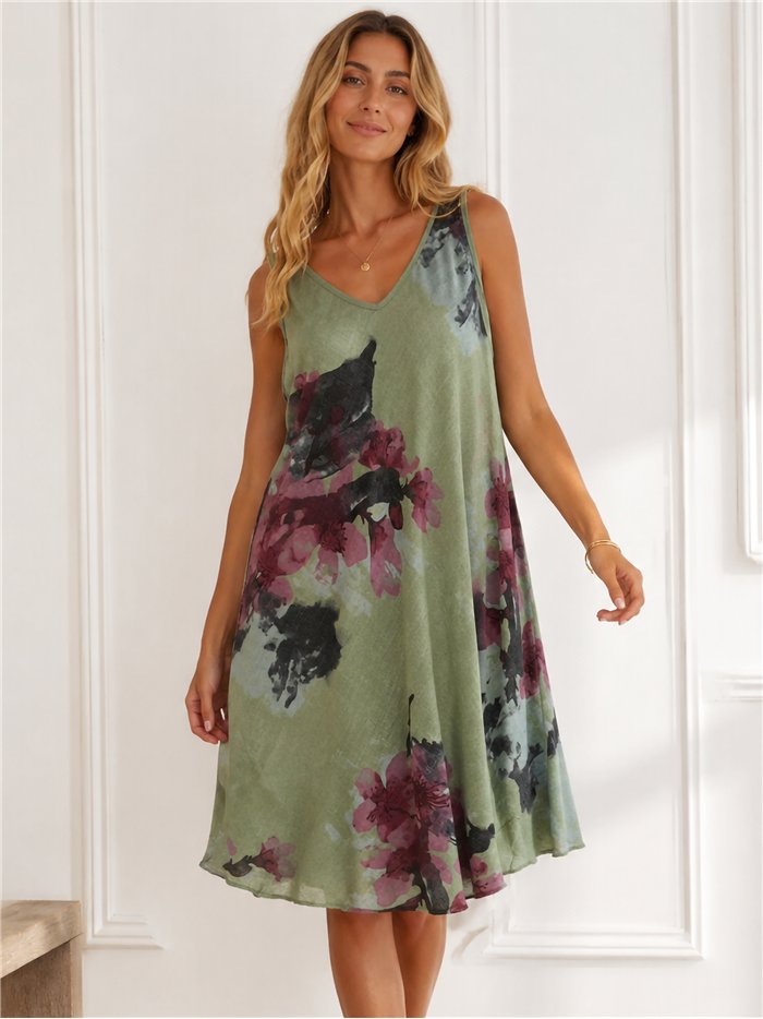 Vestido evasé estampado floral efecto lino