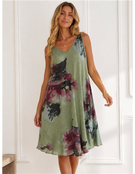 Vestido evasé estampado floral efecto lino