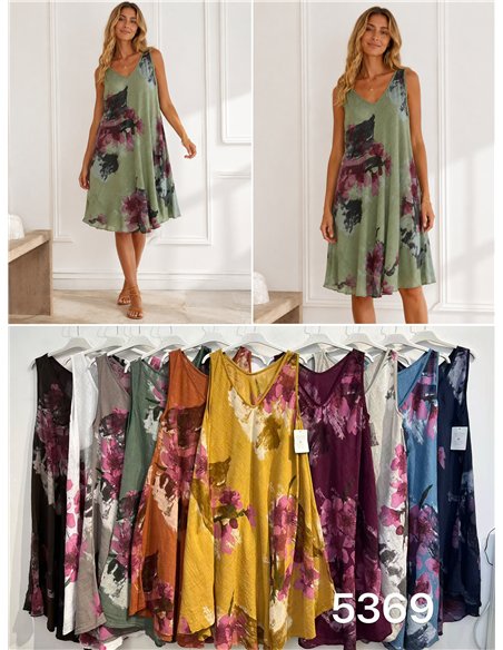 Vestido evasé estampado floral efecto lino