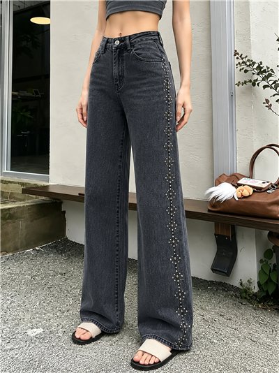 Jeans wide leg gris con tachuelas laterales