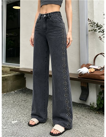 Jeans wide leg gris con tachuelas laterales