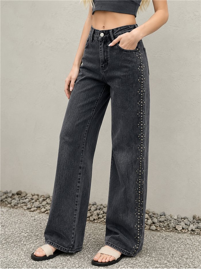 Jeans wide leg gris con tachuelas laterales