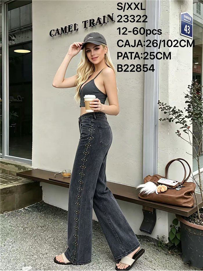 Jeans wide leg gris con tachuelas laterales