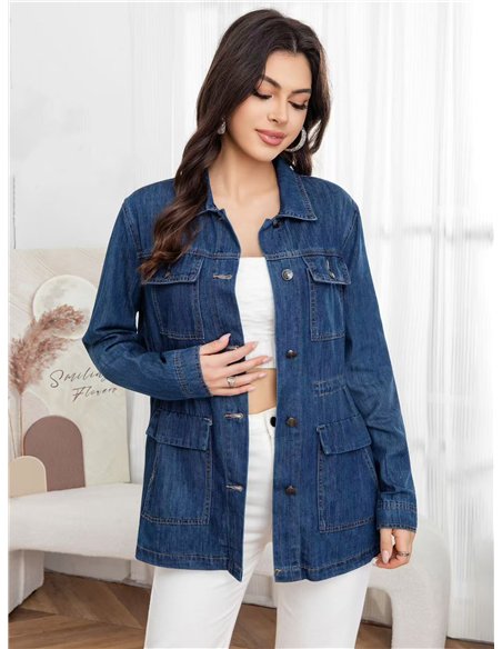 Chaqueta denim azul con cintura ajustable