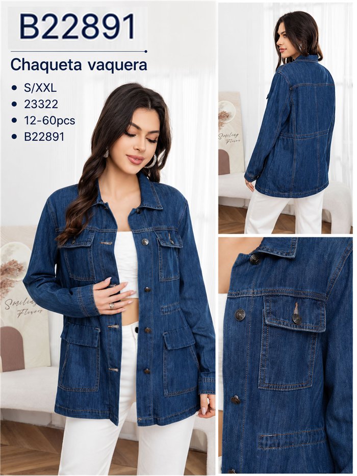 Chaqueta denim azul con cintura ajustable