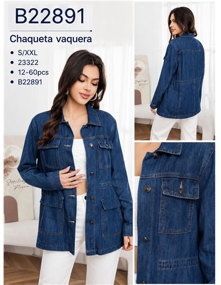 Chaqueta denim azul con cintura ajustable