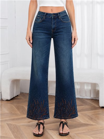 Jeans wide leg azul con strass