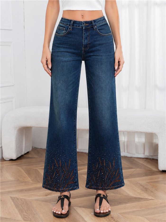 Jeans wide leg azul con strass