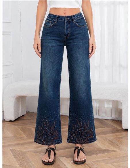 Jeans wide leg azul con strass