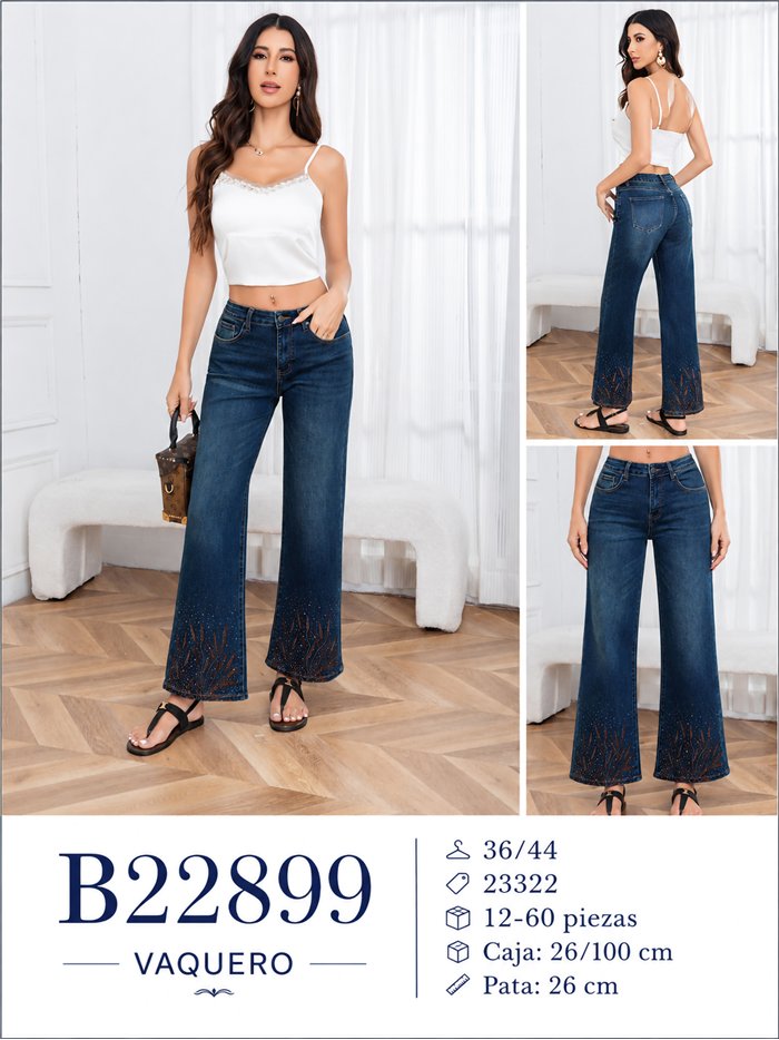 Jeans wide leg azul con strass