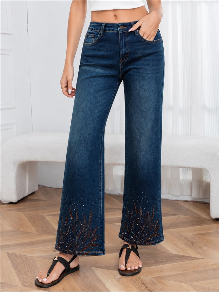Jeans wide leg azul con strass