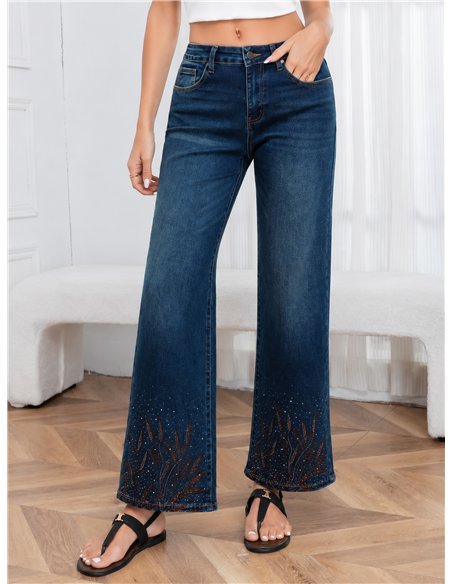 Jeans wide leg azul con strass
