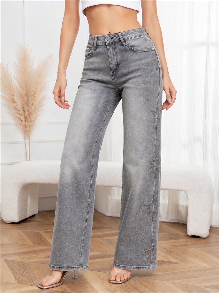 Jeans wide leg gris con estrellas de strass
