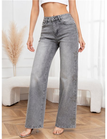 Jeans wide leg gris con estrellas de strass