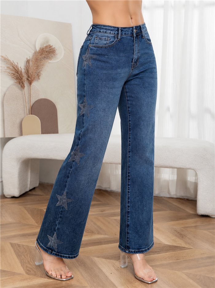Jeans wide leg azul con estrellas de strass