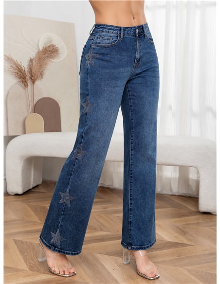 Jeans wide leg azul con estrellas de strass