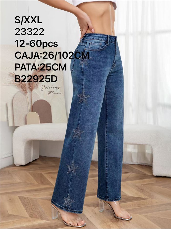 Jeans wide leg azul con estrellas de strass