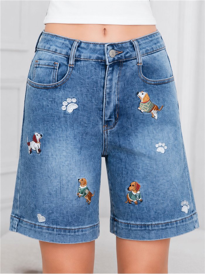 Bermuda denim con bordados perritos