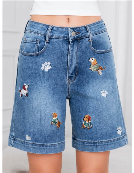 Bermuda denim con bordados perritos