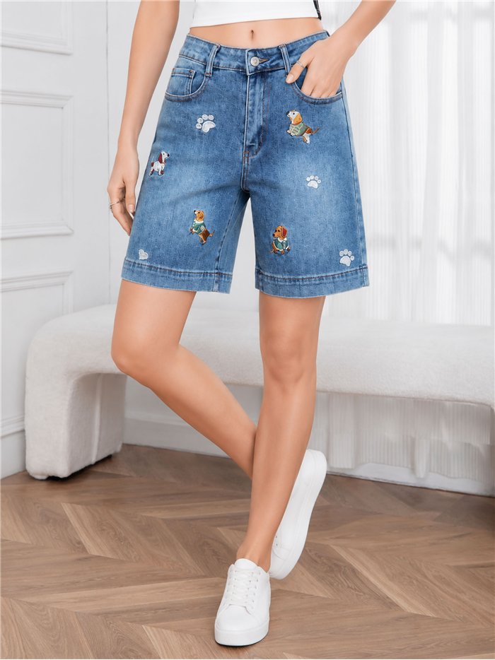 Bermuda denim con bordados perritos