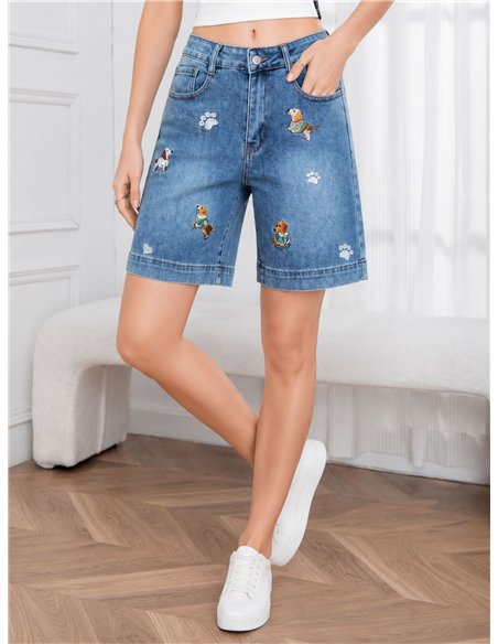 Bermuda denim con bordados perritos