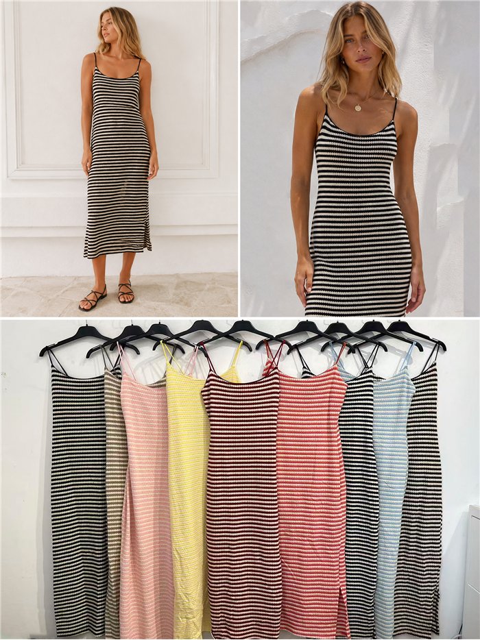 Vestido midi rayas de punto con tirantes