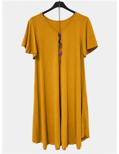 Vestido liso cuello pico con collar