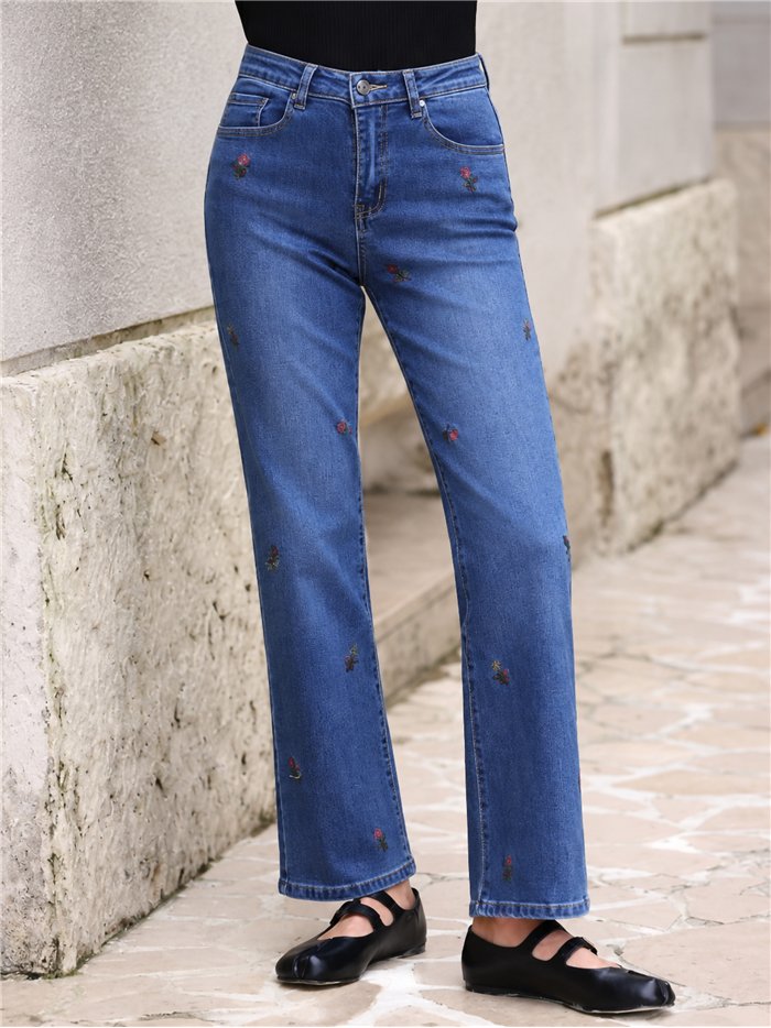 Jeans flores bordadas