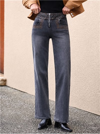 Jeans a gamba dritta con cintura ricamata e occhielli