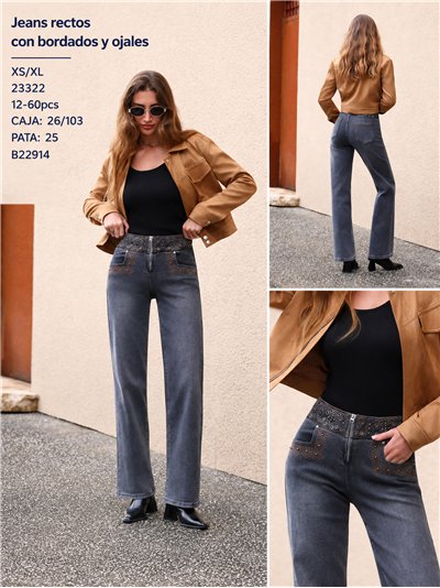 Jeans a gamba dritta con cintura ricamata e occhielli 2