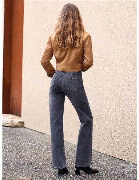 Embroidered waist straight jeans with eyelet detail
