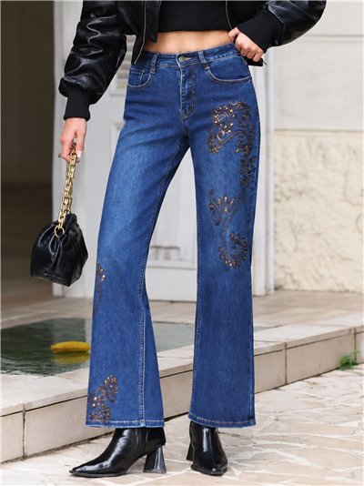 Jeans wide leg bordado paisley con tachas