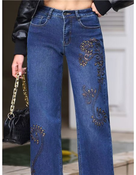 Jeans wide leg bordado paisley con tachas