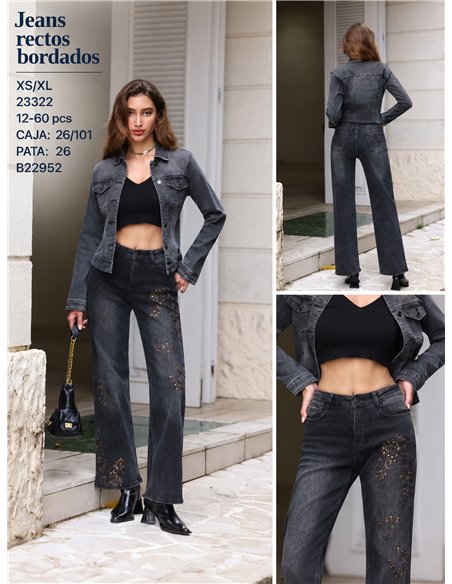 Jeans wide leg bordado paisley con tachas