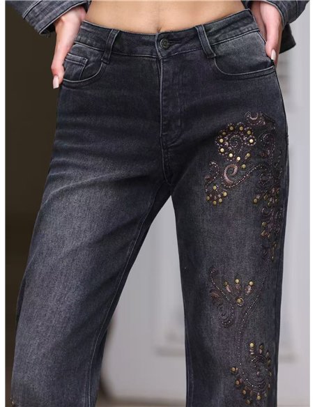 Jeans wide leg bordado paisley con tachas