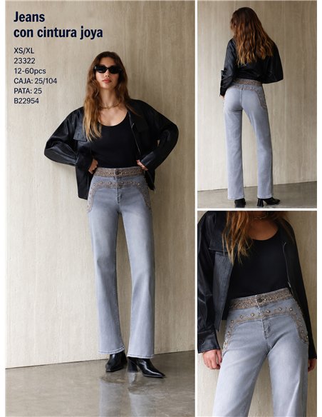 Jeans rectos cintura bordada con tachas