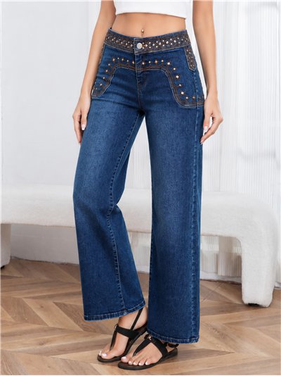 Jeans rectos cintura bordada con tachas