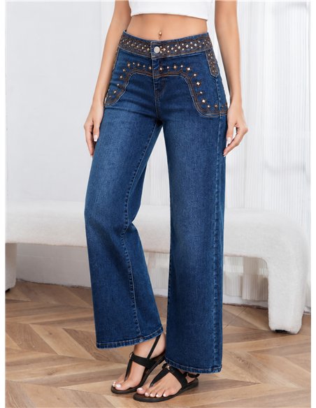Jeans rectos cintura bordada con tachas
