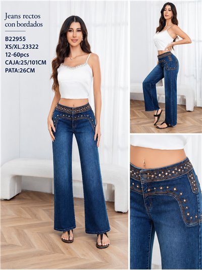 Jeans rectos cintura bordada con tachas 2