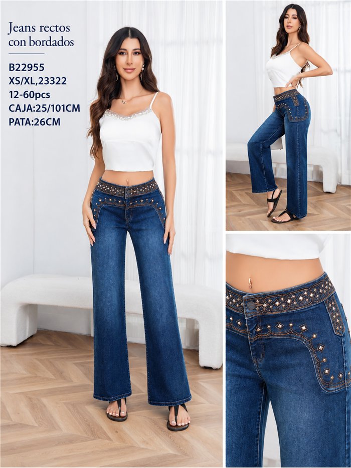 Jeans rectos cintura bordada con tachas