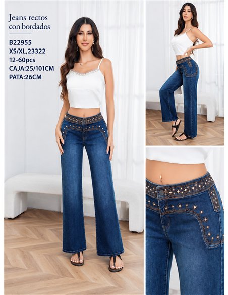 Jeans rectos cintura bordada con tachas