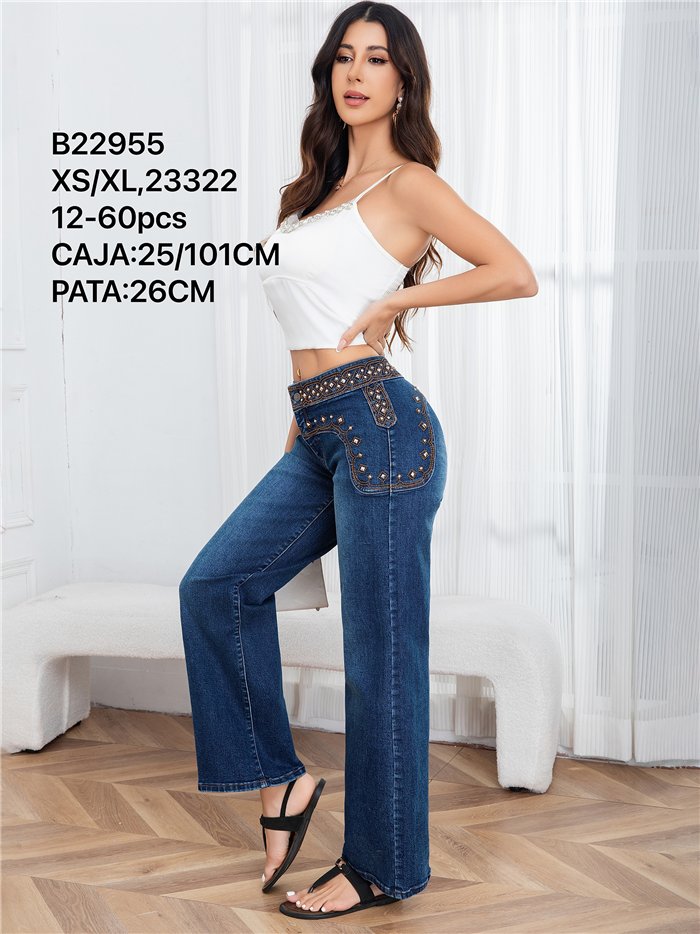 Jeans rectos cintura bordada con tachas